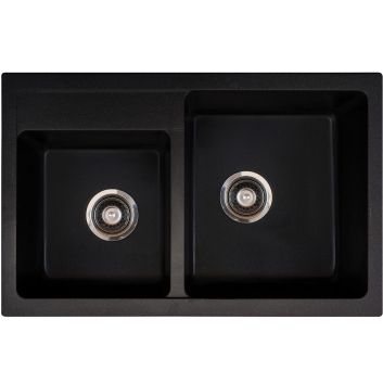 Crni dvostruki granitni sudoper GRAND DUO za ormar od 80 cm, sa sifonom