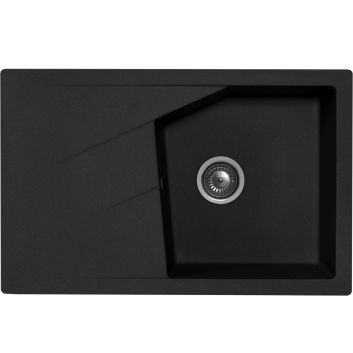 Crni jednostruki granitni sudoper PRIMA s ocjednom plohom za ormar od 50 cm, sa sifonom