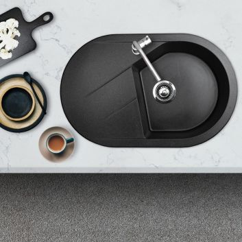 Crni jednostruki granitni sudoper OVALE PLUS s ocjednom plohom za ormar od 50 cm, sa sifonom