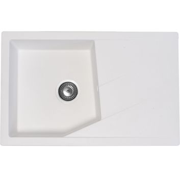 Bijeli jednostruki granitni sudoper PRIMA s ocjednom plohom za ormar od 50 cm, sa sifonom