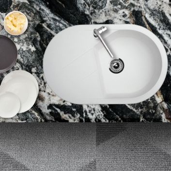 Bijeli jednostruki granitni sudoper OVALE PLUS s ocjednom plohom za ormar od 50 cm, sa sifonom