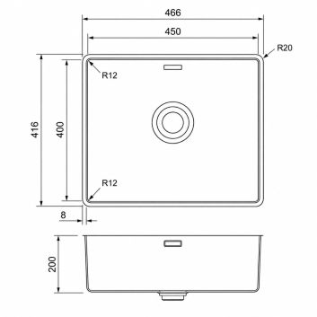 Vgradno inox kuhinjsko korito z 20 cm globino posode in patentiranim poglobljenim odtokom brez odcejalnika za 50 cm omarice – PURA SLIM 45 IS